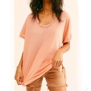 WE THE FREE Tee Under The Sun Short Sleeve Linen Tee Peach Pit Free People Small